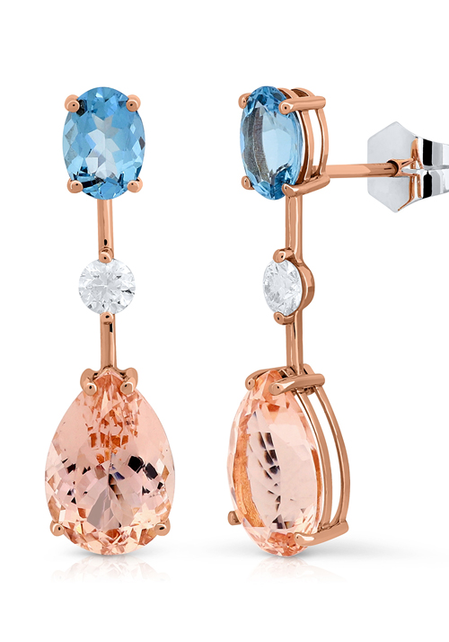 Pendientes en Oro Rosa Primera Ley con Diamantes, Morganitas y Agua Marina 0063PORAMDIA