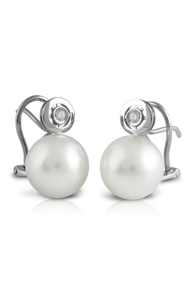 Pendientes en Oro Blanco Primera Ley con Diamantes, Perlas y Diseño de Chatón 0011POBPEDIA