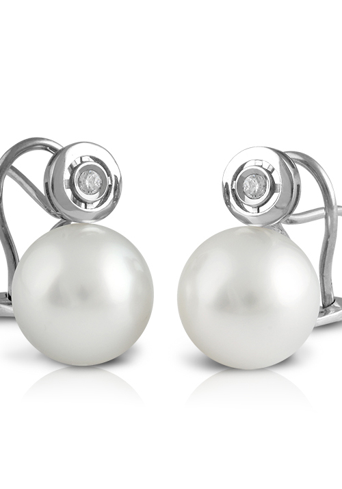 Pendientes en Oro Blanco Primera Ley con Diamantes, Perlas y Diseño de Chatón 0011POBPEDIA
