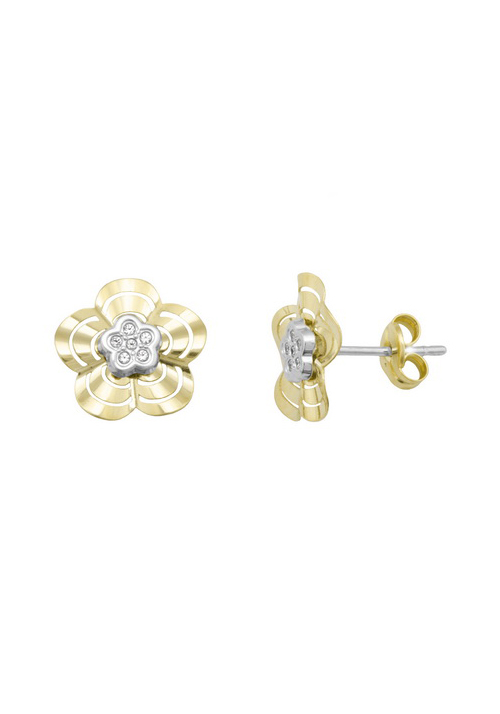 Pendientes en Oro Bicolor de Primera Ley con Circonitas y Diseo de Flor 0012POBICI