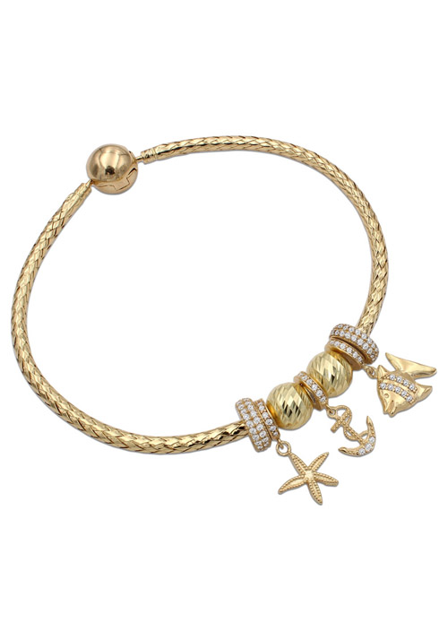 AGOTADA  Pulsera en Oro Amarillo Primera Ley con Circonitas y Charms Inspirada en Motivos Marinos 0012PUOACH