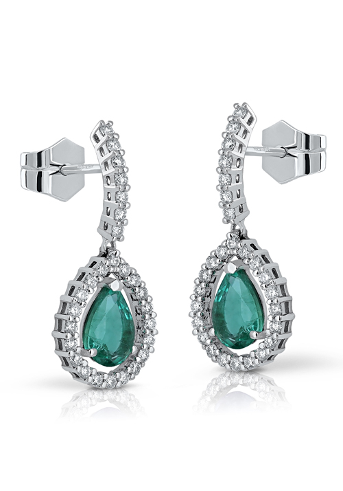 Pendientes en Oro Blanco Primera Ley con Diamantes y Esmeraldas 0066POBDIE