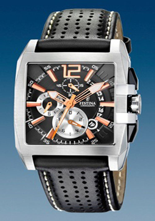 Reloj Crono Caballero Marca Festina con Caja Rectangular y Correa Perforada F16363/3